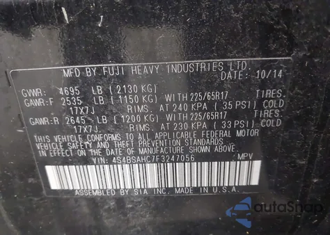 2015 Subaru Outback 2.5I Premium from USA, damaged, VIN 4S4BSAHC7F3247056